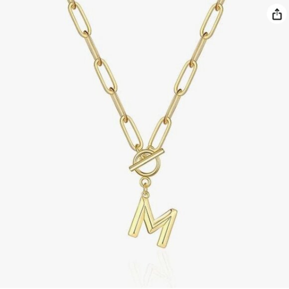 Toggle Clasp Capital M Initial Necklace Plated Brass - Picture 2 of 4